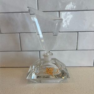 Vintage Heavy Lead Cut Crystal Perfume Decanter Bottle with Dauber Gold Flower
